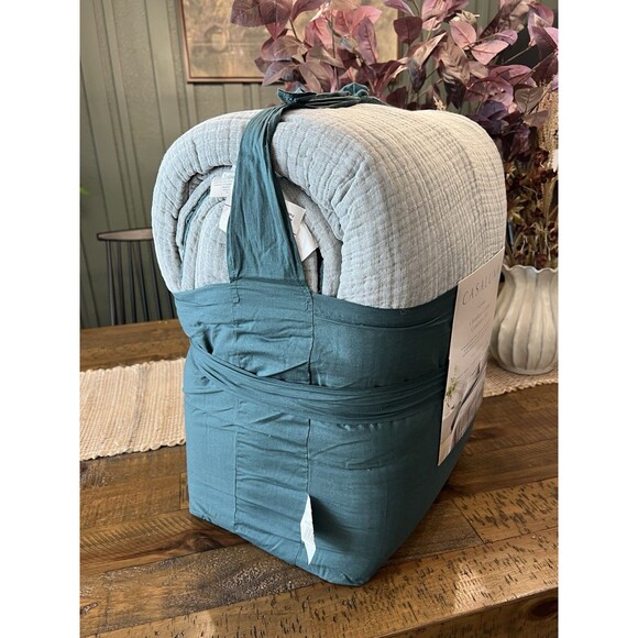 Full/Queen Textured Chambray Cotton Comforter & Sham Set Dark Teal Blue NEW - Picture 8 of 9